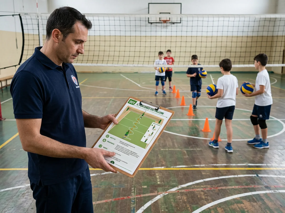 Allenatore con una scheda A4 durante un allenamento di pallavolo con bambini