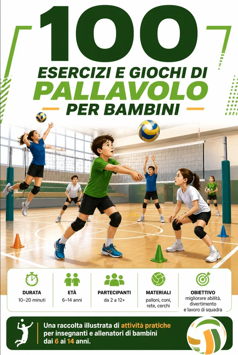 Pagina illustrata della guida di esercizi e giochi di pallavolo per bambini 1