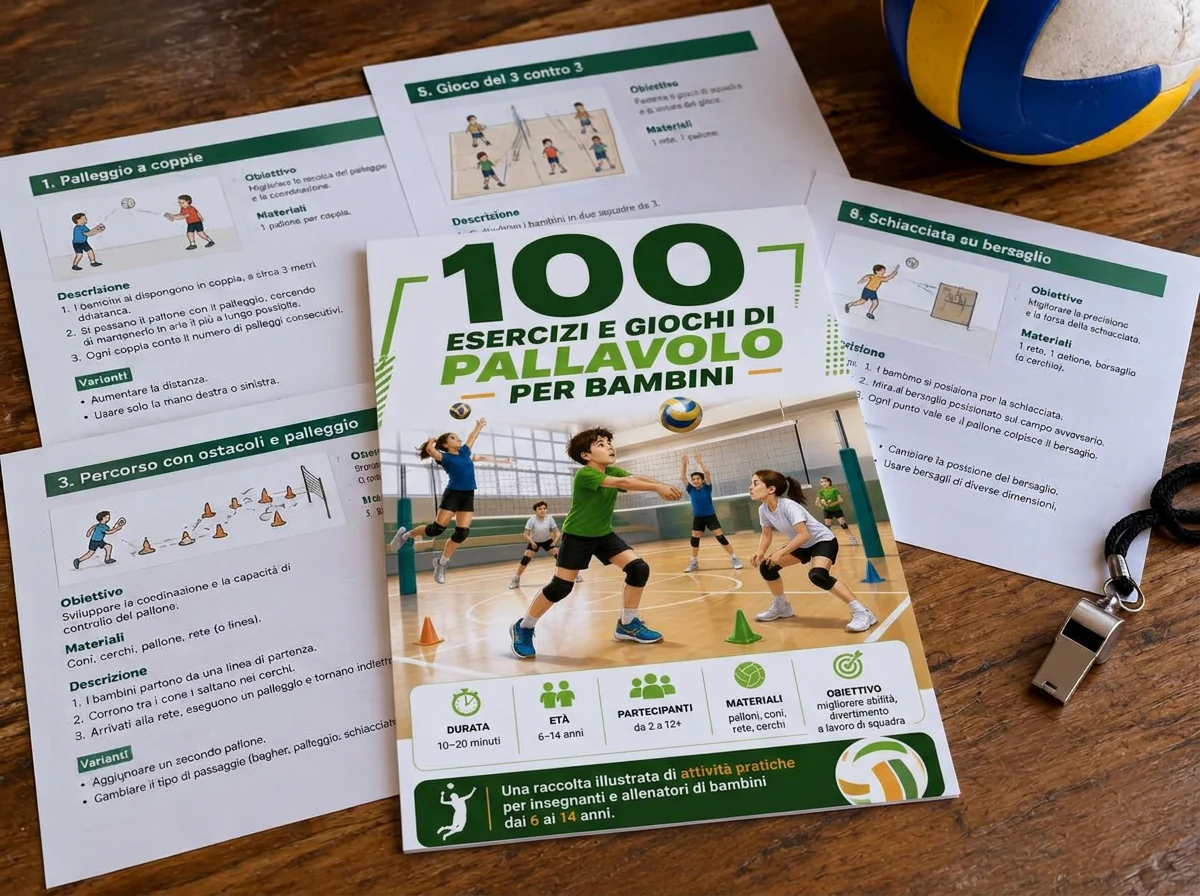 Schede A4 della guida di pallavolo stampate su un tavolo di legno