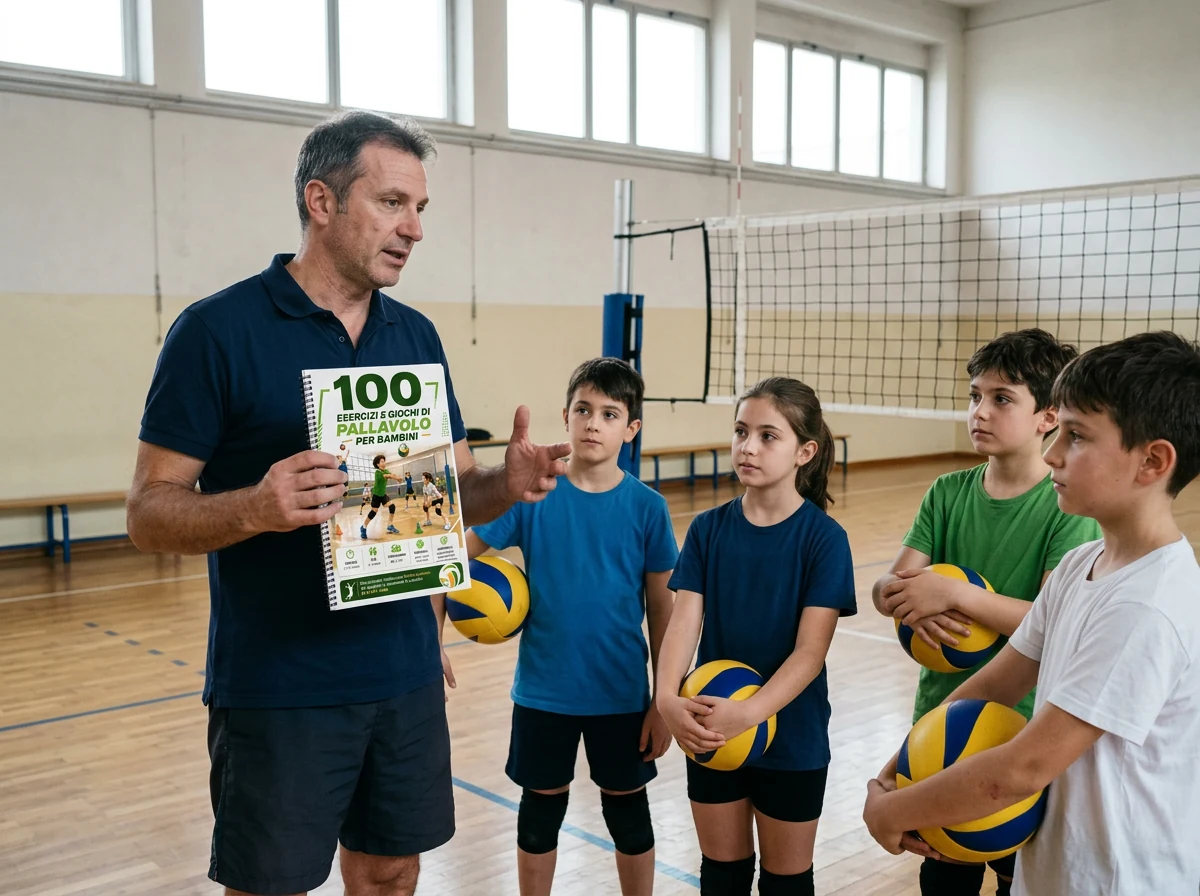 Allenatore di pallavolo presenta la guida stampata ai suoi giovani allievi in palestra
