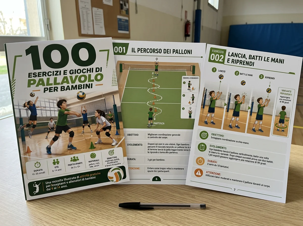 Schede A4 della guida di pallavolo stampate su un tavolo