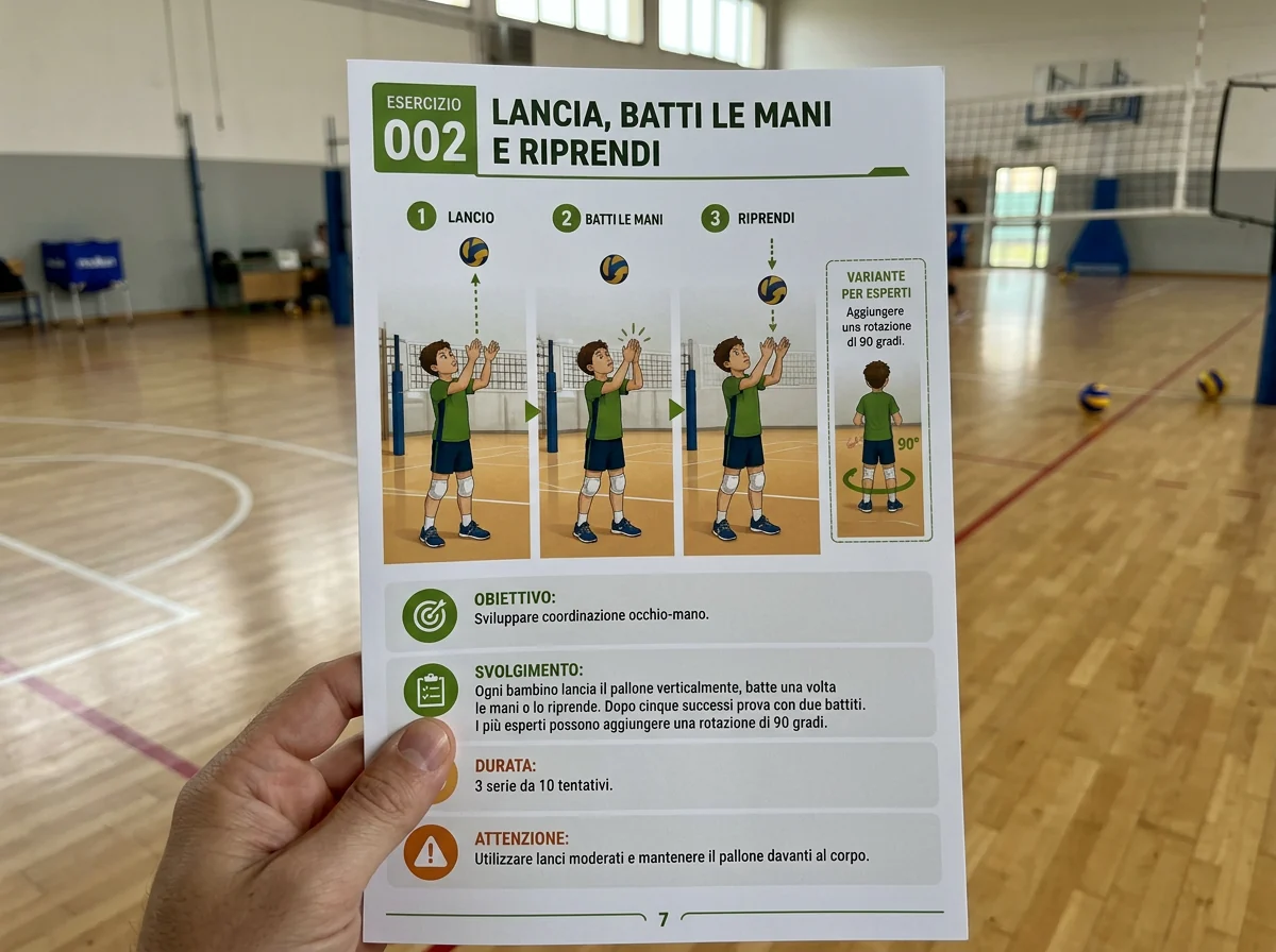 Una mano tiene la scheda stampata dell’esercizio di pallavolo 002
