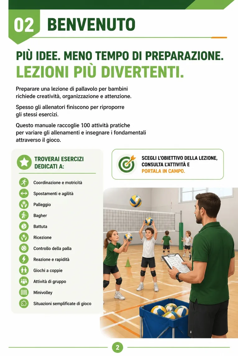 Pagina illustrata della guida di esercizi e giochi di pallavolo per bambini 2